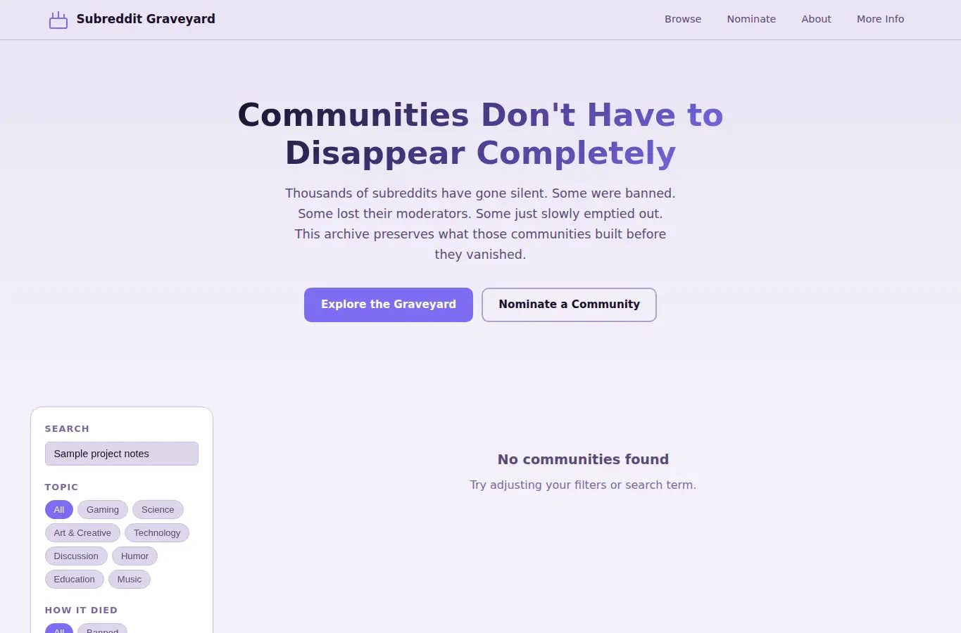 Screenshot of Abandoned Subreddit Graveyard Archive interface showing the project page in use